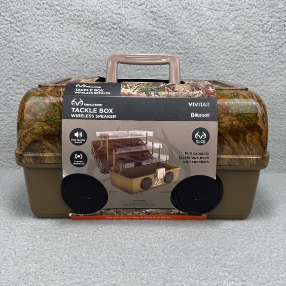 RealTree Tackle Box With Wireless Speakers Brown Camo Fishing Bluetooth Utility